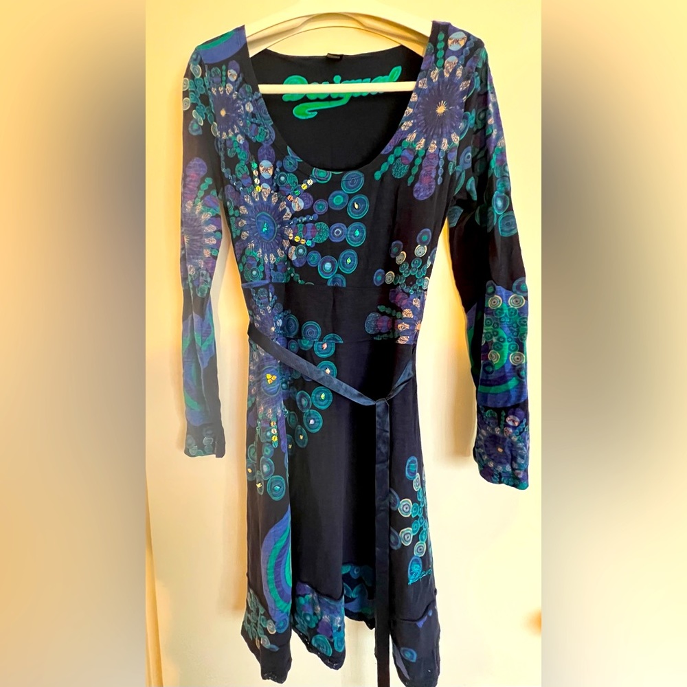 Desigual fit and flare blue cotton dress- EU Large/US Medium